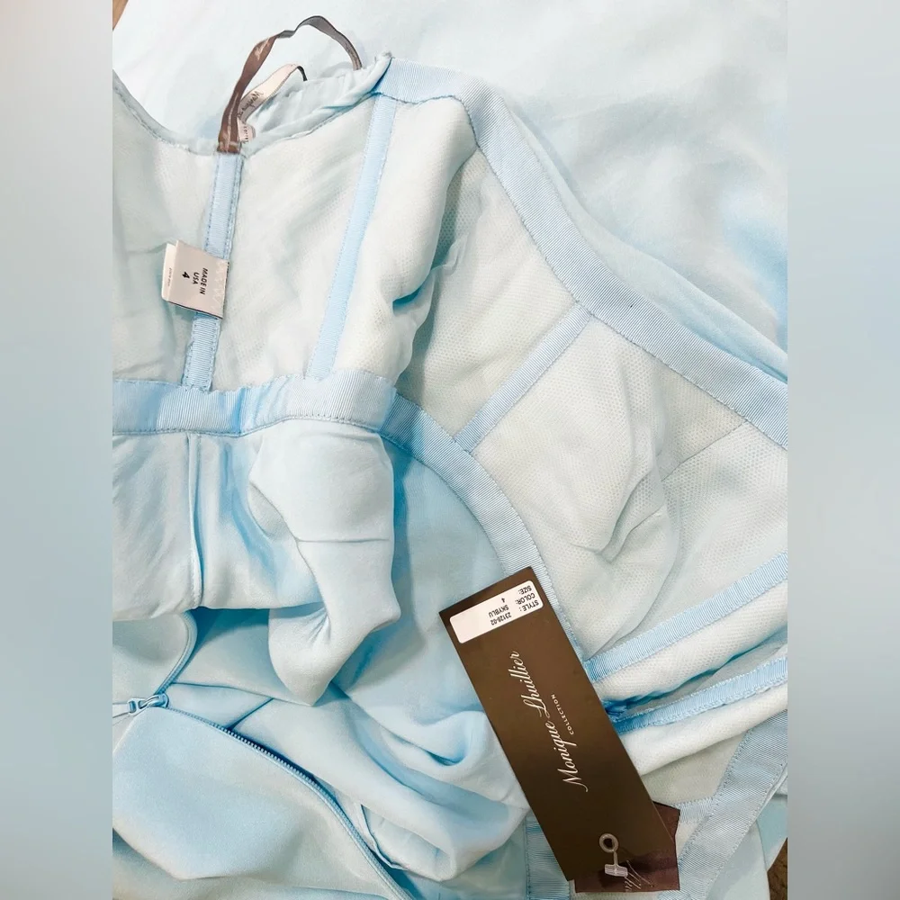 Monique Lhuillier Collection Draped Off-The-Shoulder Silk Gown Blue Maxi Dress - Picture 12 of 15